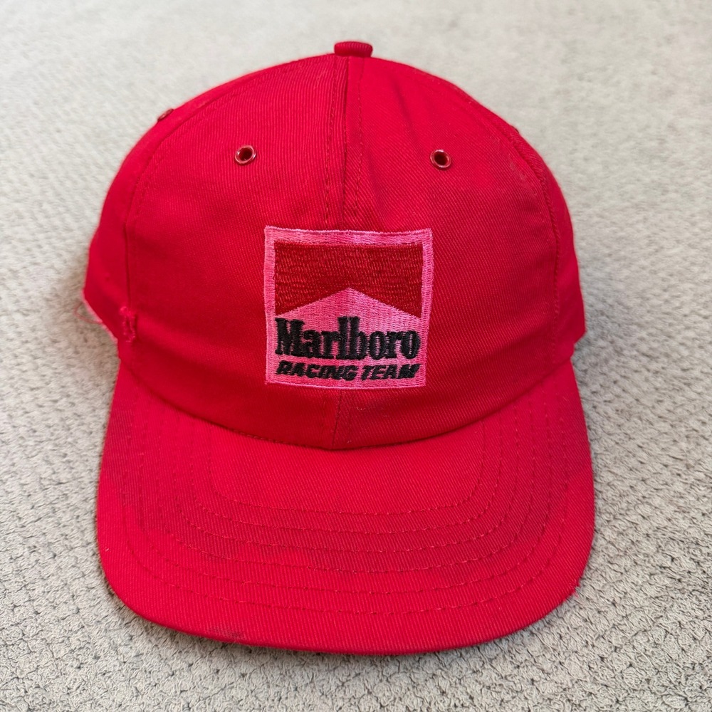 Vintage 1990s Marlboro Racing Team Red Snapback Hat Made in USA Distressed OSFA